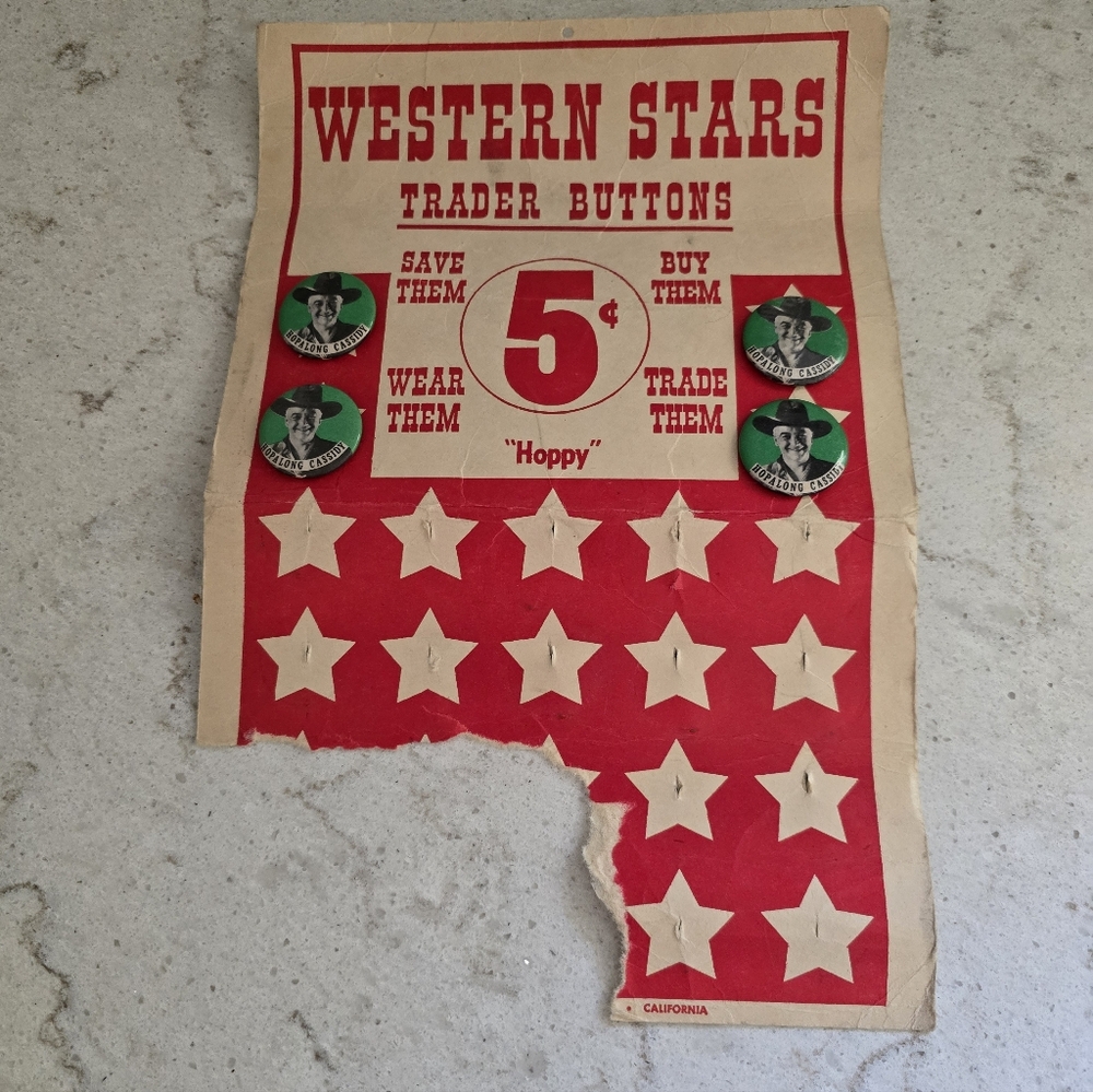 Vtg display card "Western Stars Trader Buttons" W/ 4 Hopalong Cassidy Buttons